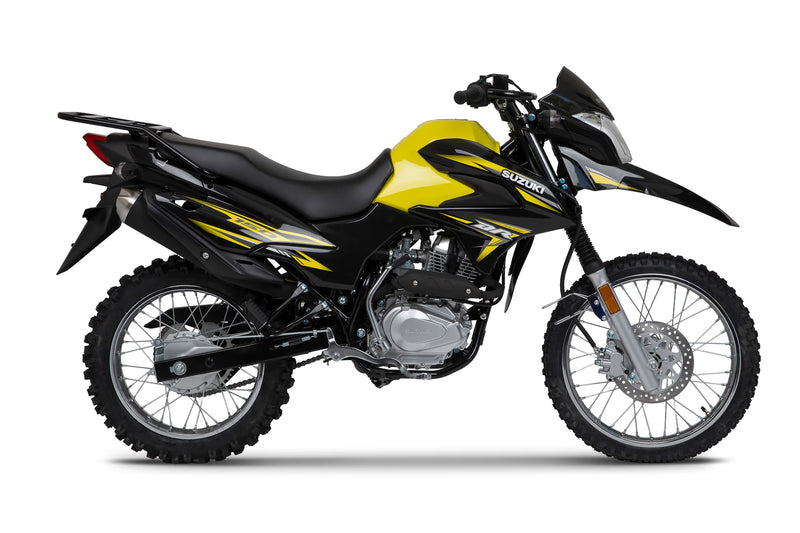 Load image into Gallery viewer, A 2026 Suzuki DR150 motorcycle with a black and yellow color scheme, featuring knobby off-road tires, a high windscreen, and a black seat, shown from a side profile on a white background.