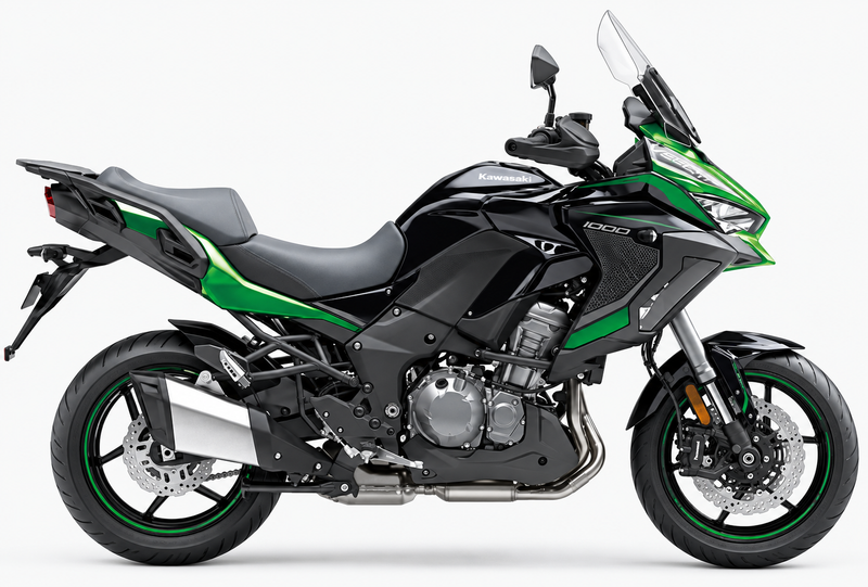 Load image into Gallery viewer, A black and green 2024 Kawasaki Versys 1000 S motorcycle with a clear windshield, photographed from the side against a plain white background.
