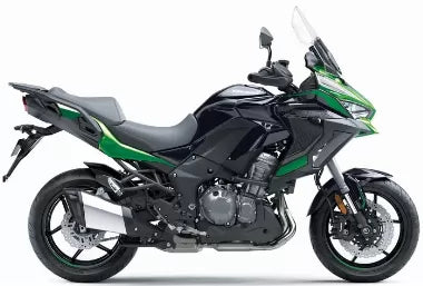 Load image into Gallery viewer, A black and green 2024 Kawasaki Versys 1000 S motorcycle with a clear windshield, photographed from the side against a plain white background.