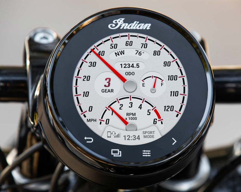 Load image into Gallery viewer, Close-up of an Indian motorcycle dashboard instrument cluster with a black bezel, white face, red needles, and digital readouts including ODO and SPORT MODE.
