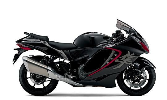 Load image into Gallery viewer, A black 2026 Suzuki Hayabusa GSX 1300 RR supersport motorcycle with red and gray graphic decals, shown in a side profile on a white background.