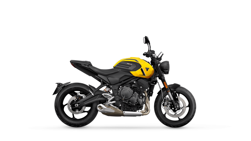 Load image into Gallery viewer, A side profile view of a 2026 Triumph Trident 660 LAMS motorcycle with a bright yellow fuel tank, black body panels, and a silver engine and exhaust system, set against a solid white background.