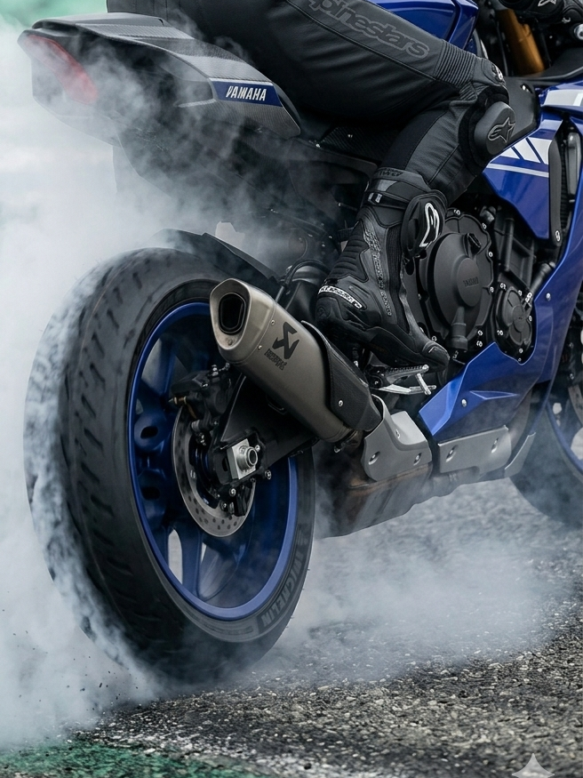 A blue sport motorcycle performing a burnout, highlighting the spinning Michelin rear tyre tread as it creates white smoke. The rider wears Alpinestars boots and leathers next to an Akrapovič exhaust.