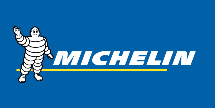 Michelin logo with the waving Michelin Man in white above a yellow line on a blue background.