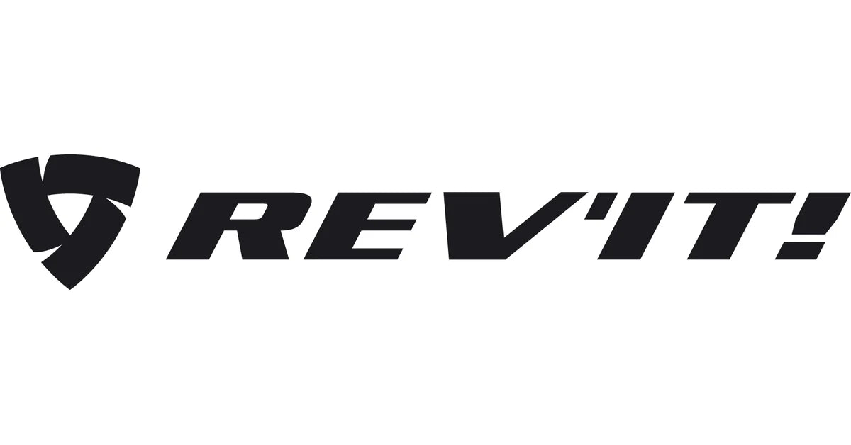 REV'IT! logo consisting of a stylized shield or "spinner" icon followed by the brand name in a clean, high-end technical font.