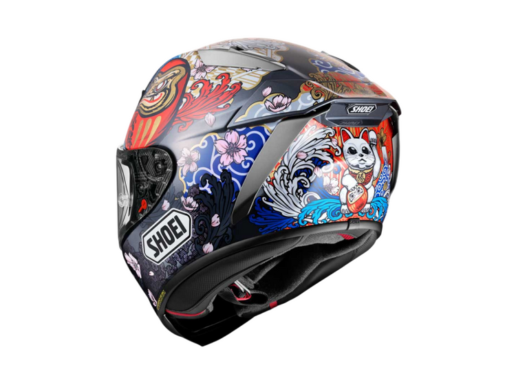 A studio product shot of the Shoei X-SPR Pro limited edition Marc Marquez Motegi helmet. Features the signature Japanese-inspired graphics on a professional-grade racing helmet, available at Cyclespot Auckland, Taranaki, and Wellington.
