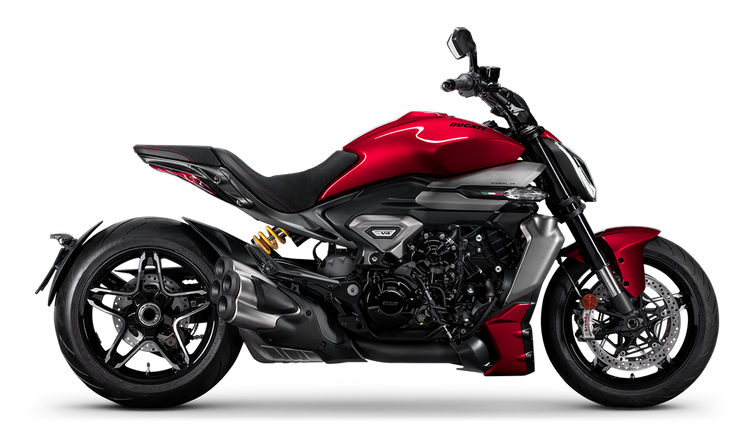 Rosso Red Ducati XDiavel cruiser motorcycle featuring a sleek, long-slung profile and exposed trellis frame. A premium Italian performance cruiser available at Cyclespot Auckland, Taranaki, and Wellington.