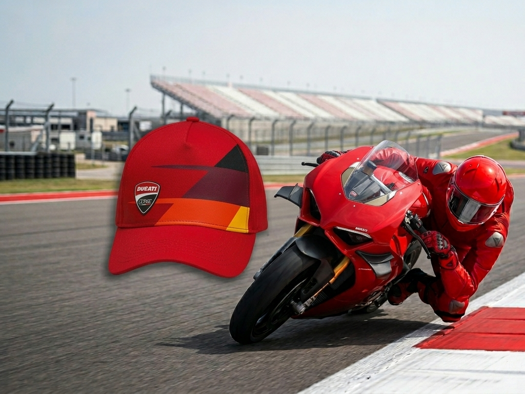 A red Ducati Corse baseball cap is positioned in the foreground, with a rider wearing a full red leather suit on a red Ducati Panigale motorcycle speeding around a racetrack in the background.