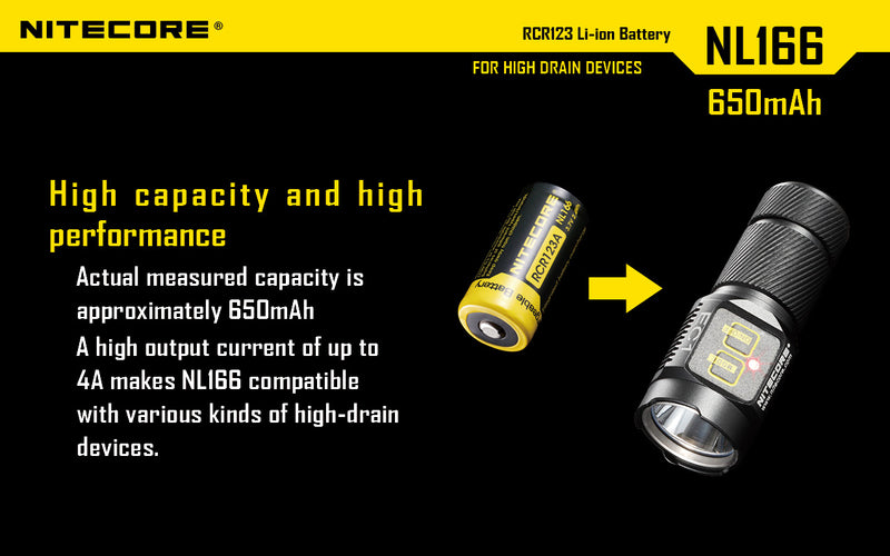 Load image into Gallery viewer, NITECORE LI-ION RECHARGEBALE BATTERY RCR123A (3.7V, 650mAh)
