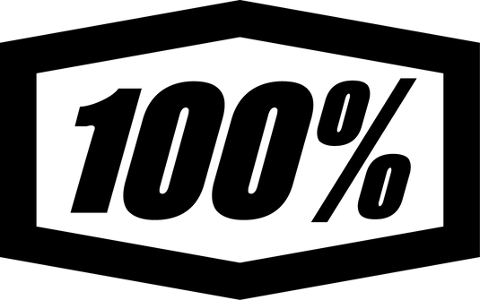 Black and white logo of '100%' motorcycle goggles on a black background