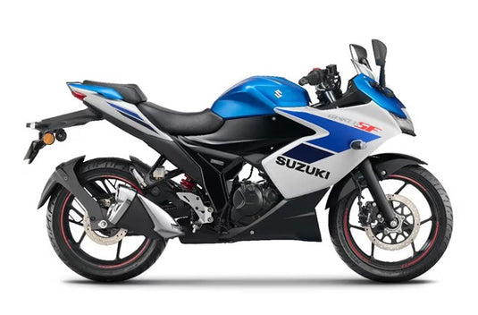 2025 Suzuki GSX150F LAMS Faired sport motorcycle in blue, white, and black, shown from a side profile view against a plain white background.