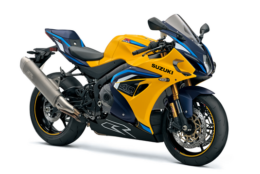 A 2026 Suzuki GSX-R 1000 RW 40th Anniversary sport motorcycle in a vibrant yellow and navy blue livery, photographed from a three-quarters front angle on a clean white background.