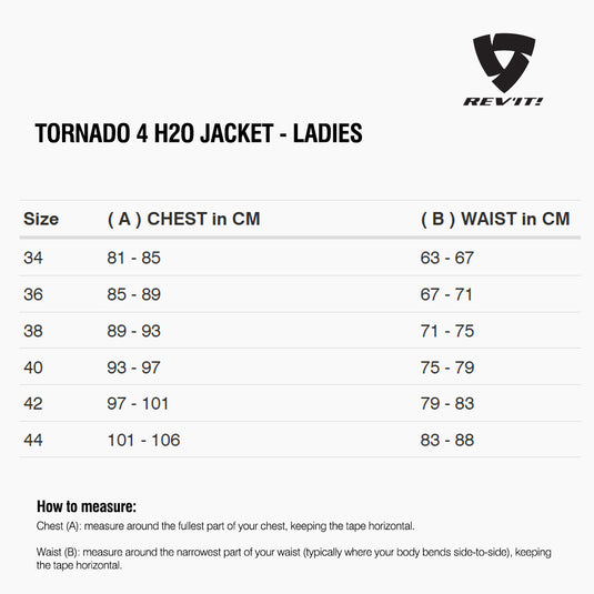 Size chart for REVIT Tornado 4 H2O Jacket - Ladies