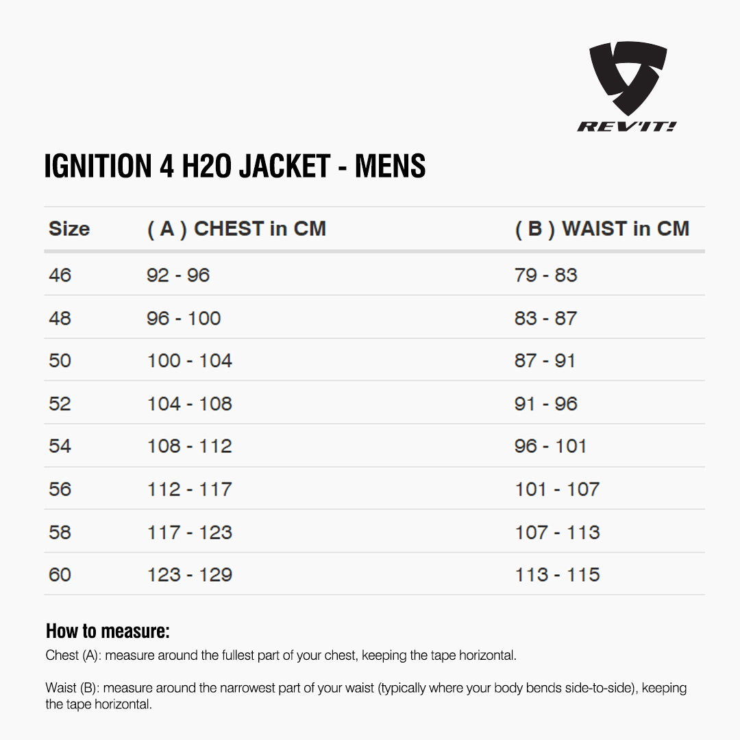 Size chart for REVIT Ignition 4 H2O Jacket - Mens