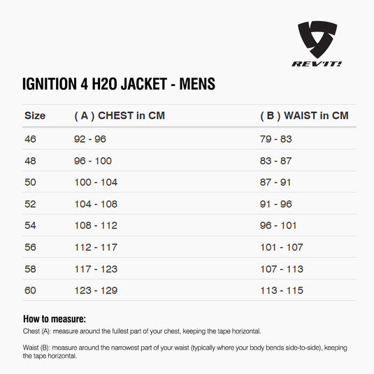Size chart for REVIT Ignition 4 H2O Jacket - Mens