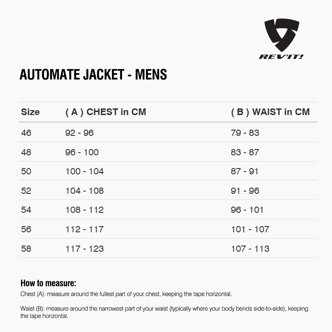 Size chart for REVIT Automate Jacket - Mens