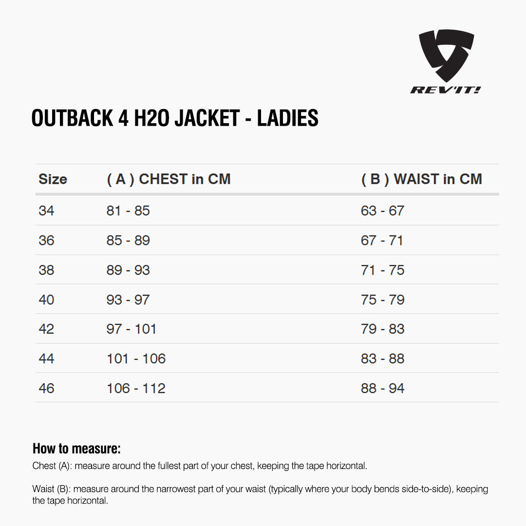 Size chart for REVIT Outback 4 H2O Jacket - Ladies