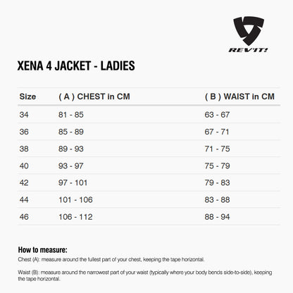 Size chart for REVIT Xena 4 Jacket - Ladies