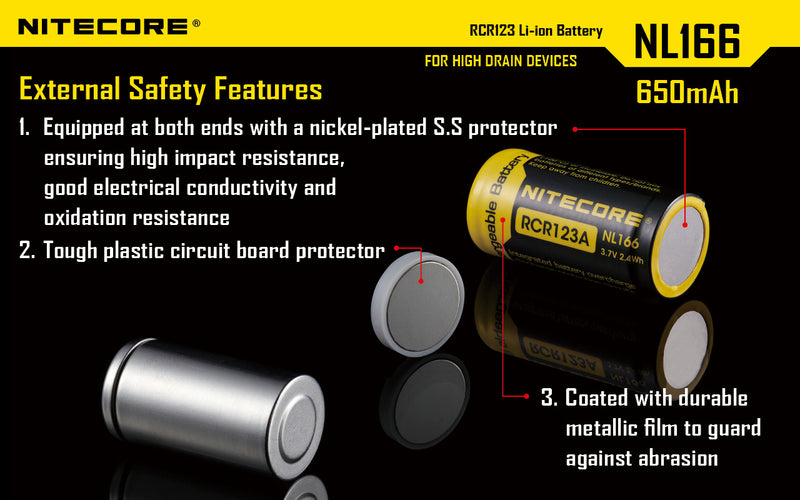 Load image into Gallery viewer, NITECORE LI-ION RECHARGEBALE BATTERY RCR123A (3.7V, 650mAh)
