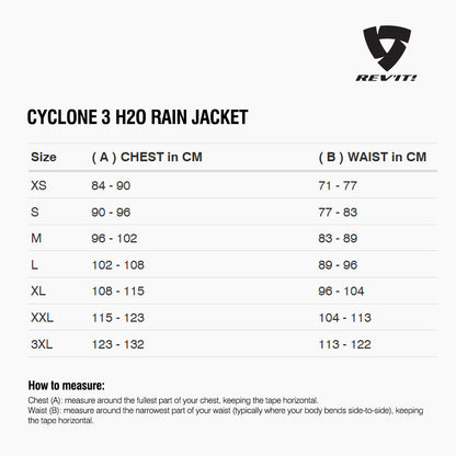 Size chart for REVIT Cyclone 3 H2O Rain Jacket