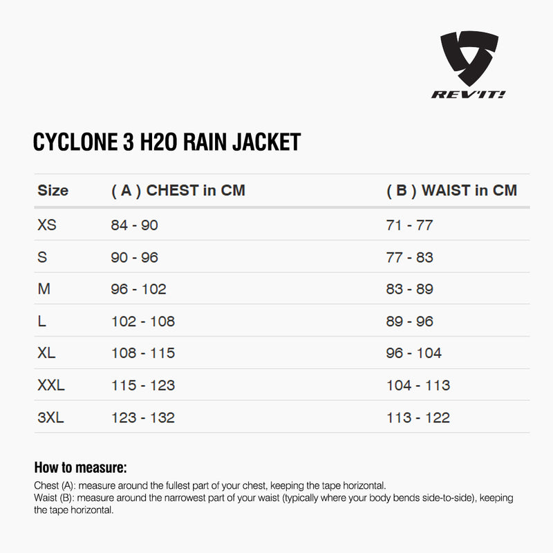 Load image into Gallery viewer, Size chart for REVIT Cyclone 3 H2O Rain Jacket
