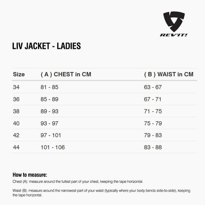 Size chart for REVIT Liv Jacket - Ladies