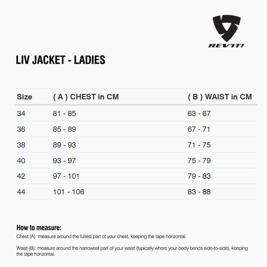 Size chart for REVIT Liv Jacket - Ladies