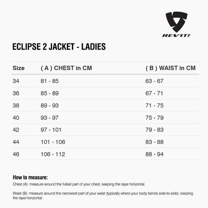Size chart for REVIT Eclipse 2 Jacket - Ladies
