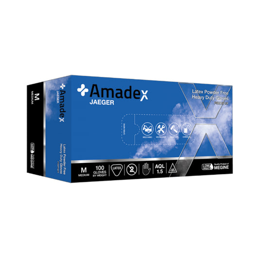 AMADEX LATEX HIGH RISK DISPOSABLE GLOVES BLUE SIZE XL 300MM JAEGER 50 PACK