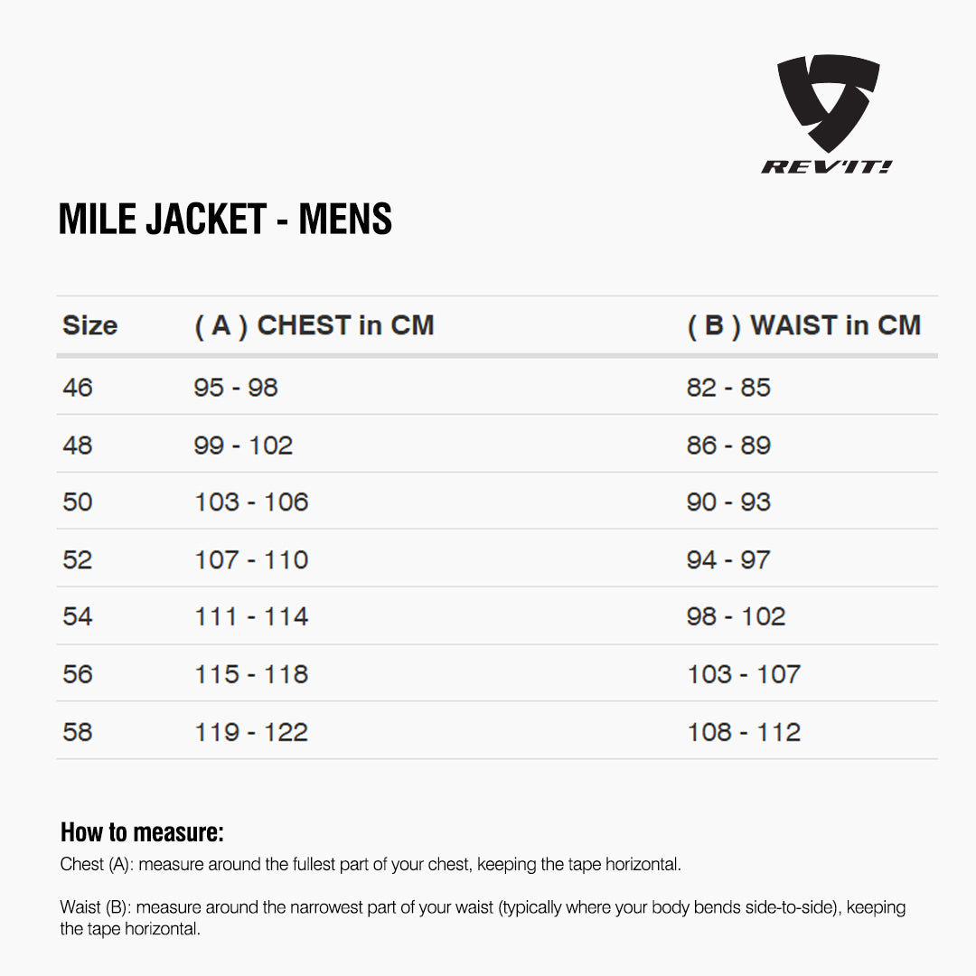 Size chart for REVIT Mile Jacket - Mens