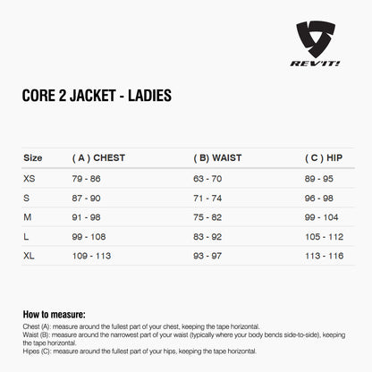 Size chart for REVIT Core 2 - Ladies