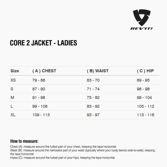 Size chart for REVIT Core 2 - Ladies