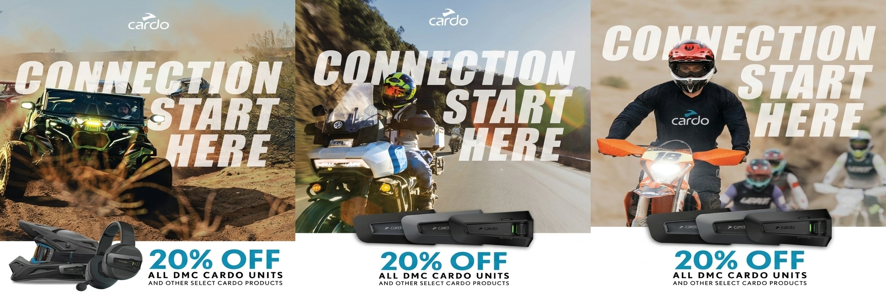 Wide landscape banner for Cyclespot featuring the Cardo 20% off sale. The image shows three riding scenes: an off-road buggy in the dust, a touring motorcycle on the highway, and a dirt bike rider. Text reads "Connection Starts Here" with 20% off all DMC Cardo units and select products.