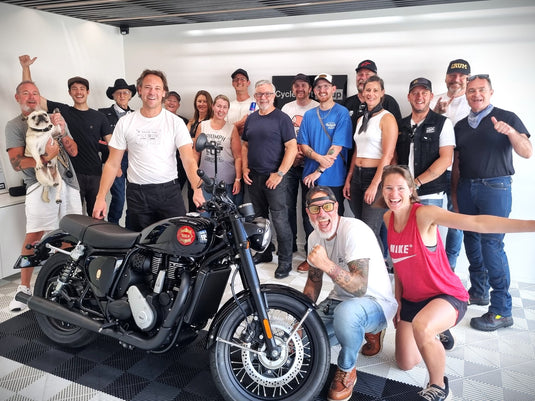 Members of the Every Sunday Motorcycle Collective and the Cyclespot Wellington team gathered to celebrate the delivery of a new black BSA Gold Star motorcycle.
