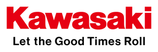 Official Kawasaki brand logo with 'Let the good times roll' slogan in red and black for Cyclespot New Zealand, with locations in Auckland, Taranaki, and Wellington.