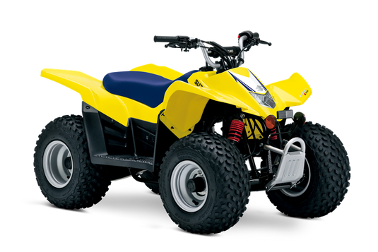 A yellow and blue y2026 Suzuki LT-Z50 QuadSport 50 with black tires, silver rims, and red suspension springs, shown from a three-quarter front angle on a white background.