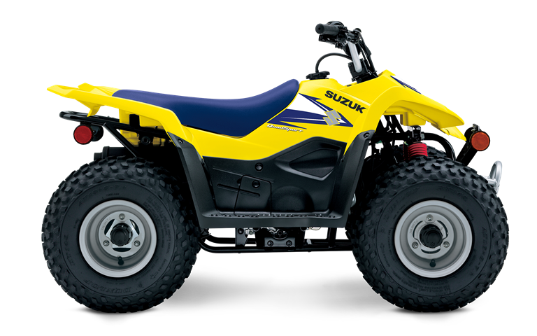 Load image into Gallery viewer, A 2026 Suzuki LT-Z50 QuadSport 50 in bright yellow and black with a dark blue seat, shown from a side profile view against a white background.

