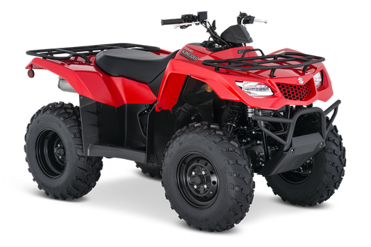 A red and black 2026 Suzuki LT-A400F KingQuad 400 4WD Auto with a front cargo rack, rear luggage rack, and black knobby tires, shown from a three-quarters angle on a white background.