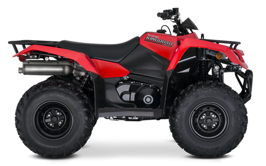 A red and black 2026 Suzuki LT-A400F KingQuad 400 4WD Auto shown from a side profile view against a solid white background.