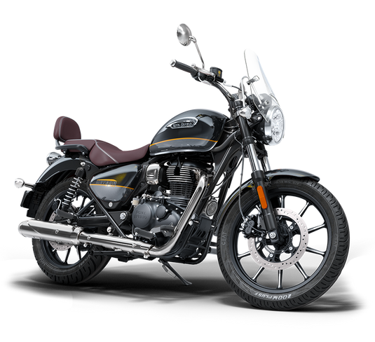 A Royal Enfield Classic cruiser motorcycle in black and dark gray with brown leather seat and gold pinstripes, photographed on a white studio background.