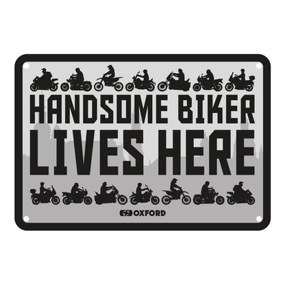Oxford Garage Metal Sign: Handsome Biker Lives Here