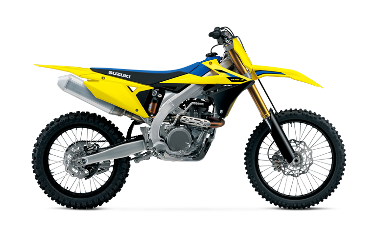 Load image into Gallery viewer, A 2026 Suzuki RM-Z450 dirt bike in bright yellow, blue, and black, shown from a side profile view against a solid white background.
