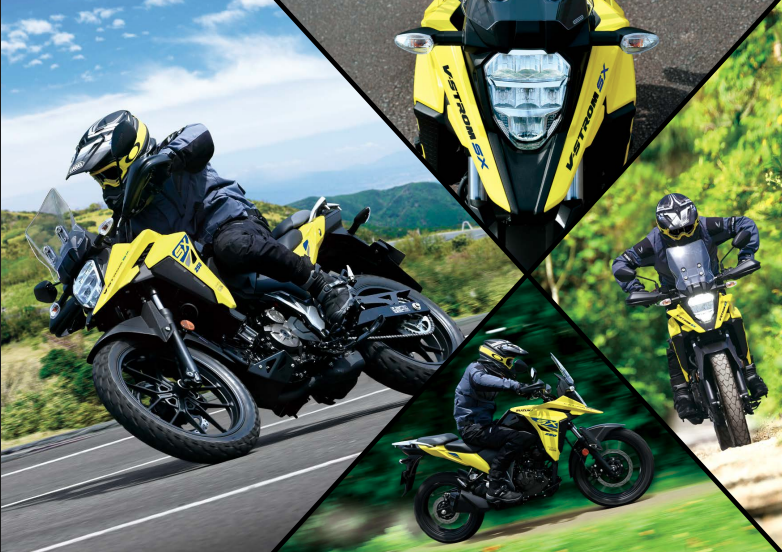 Load image into Gallery viewer, A collage of four photos showing a yellow and black 2025 Suzuki V-Strom 250SX motorcycle in different riding positions and environments, including a rider leaning forward on a winding road and close-up views of the front headlight and side bodywork.
