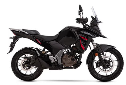 A black 2025 Suzuki V-Strom 250SX adventure motorcycle with red and silver accents, shown in a side profile on a white background.