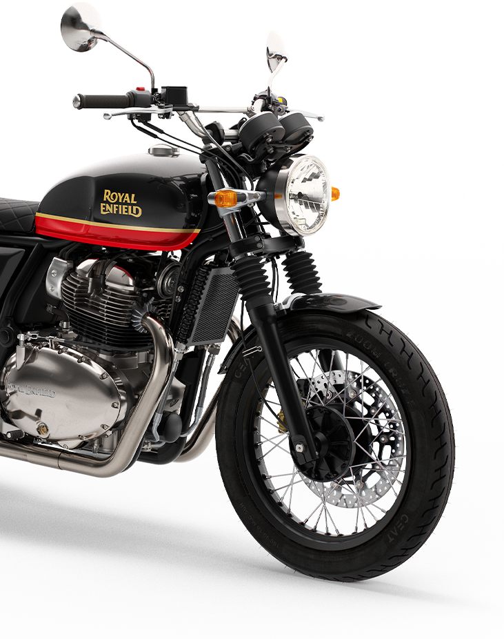Load image into Gallery viewer, Royal Enfield classic-style motorcycle in black with a red stripe and gold logo, photographed on a clean white studio background.
