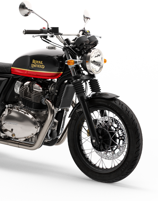 Royal Enfield classic-style motorcycle in black with a red stripe and gold logo, photographed on a clean white studio background.