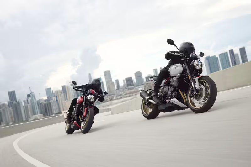 Load image into Gallery viewer, Two Triumph Trident 800 motorcycles on a curved elevated road with a city skyline in the background under a cloudy sky. The motorcycle in the foreground is black with gold accents and a rider in black gear is seated on it.
