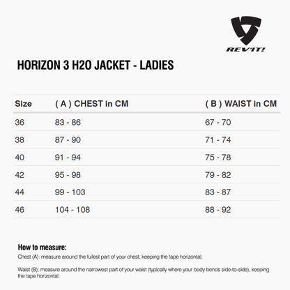 Size chart for REVIT Horizon 3 H2O Jacket - Ladies