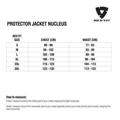 Size chart for REVIT Protector Jacket Nucleus