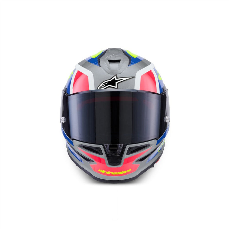 Load image into Gallery viewer, Alpinestars Supertech R7 Helmet Lumen Silver/Blue/Pink/Yellow Fluoro
